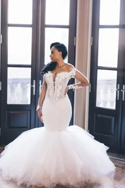 Abiti da sposa eleganti economici personalizzati a sirena africana araba taglie forti da sposa maniche lunghe con spalle scoperte