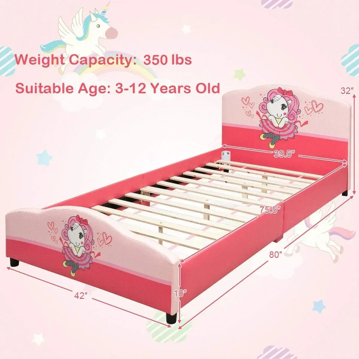 Twin Bed Frames for Kids, Wood Upholstered Twin Bed Platform with Slat Support, Padded Headboard&, No Box