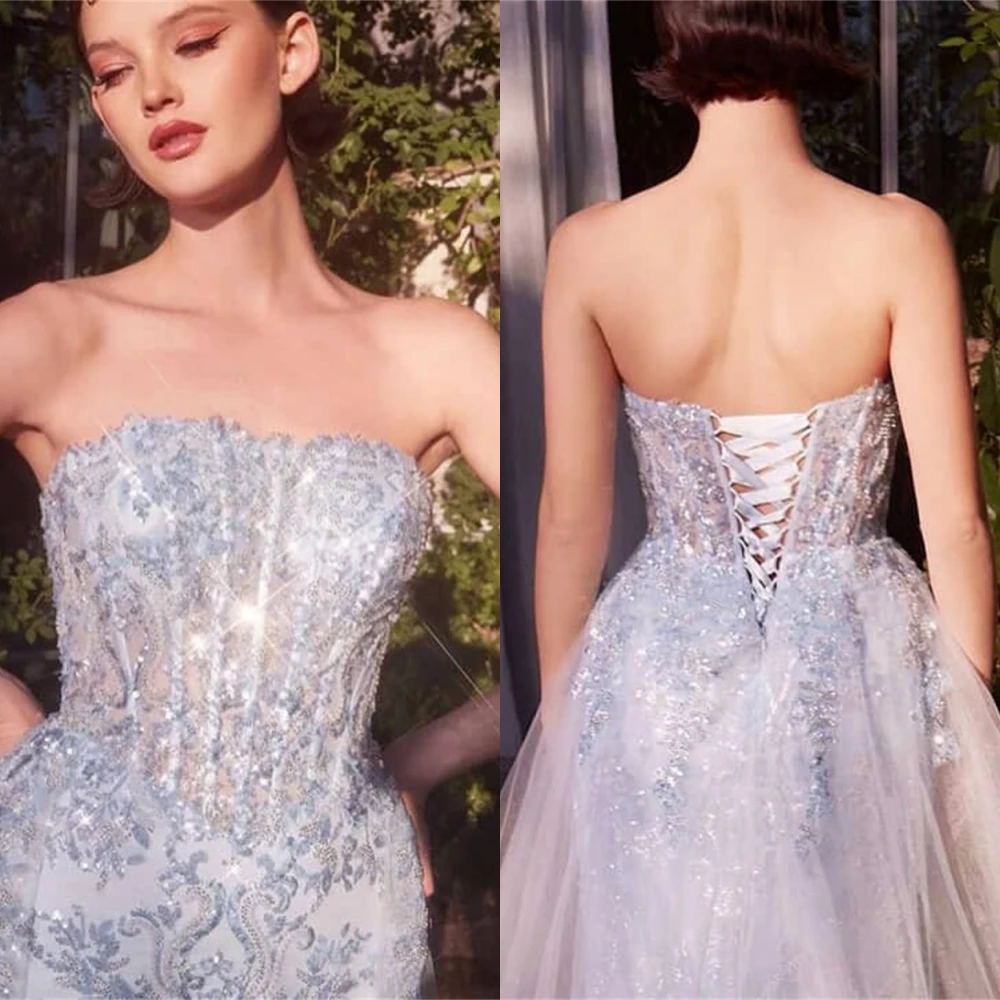 Customized Exquisite silver Organza Evening Dress Delicate Strapless Sleeveless Homecoming Dress Fashion Lace Up Back Prom Dress