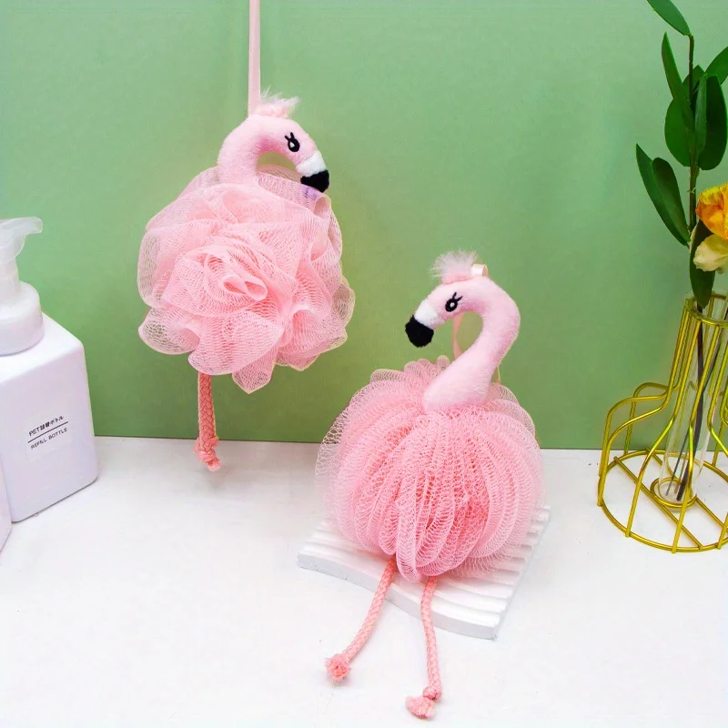Flamingo Bath ball Sponge - Soft Exfoliating Heart Design, Pink Cute Foaming Ball for Gentle Cleansing, Relaxing Skincare Shower