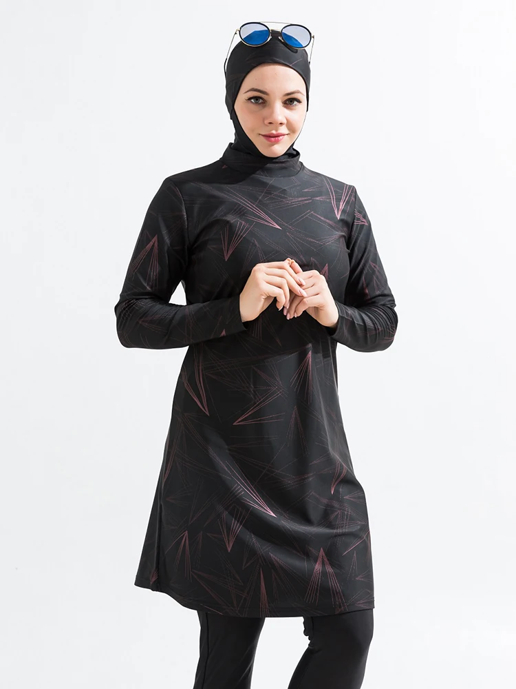 3PCS/Set Muslim Modest Burkini Women Swimwear Swimsuit Bathing Suit Ray Pattern Full Cover Hijab, Top, Pant