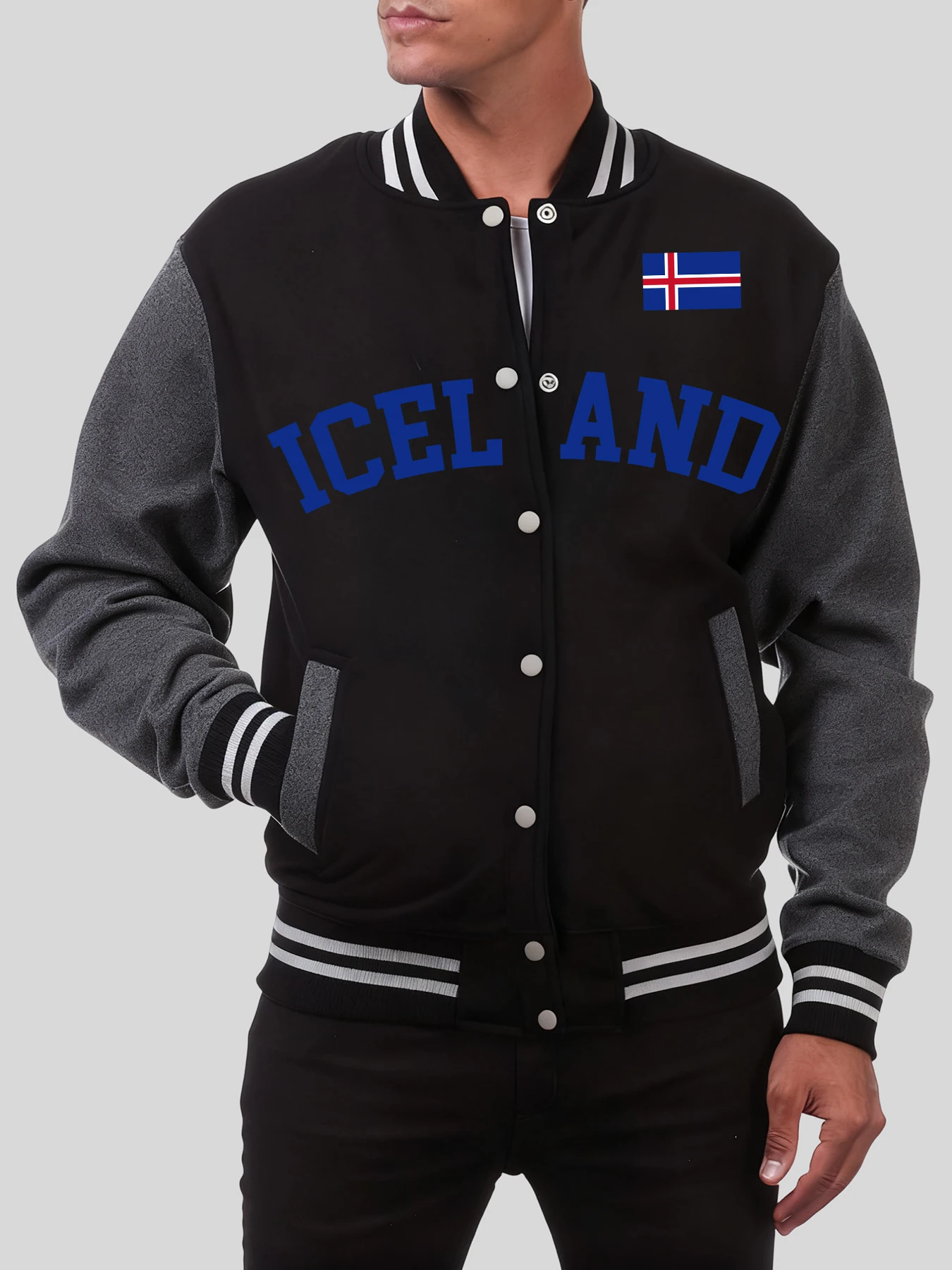 

Iceland National Letter Prints Men Jackets Hip Hop Casual Baseball Jersey Fleece Loose Clothes Autumn Warm Coat Vintage Tops