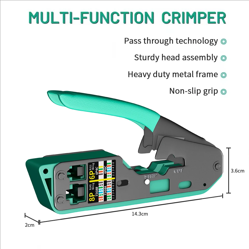 RJ45 Crimp Tool Kit Pass Cat6 Crimping Tool For Cat5 Cat5e Cat6 8P8C Connector, All-in-one Ethernet Crimper view 4