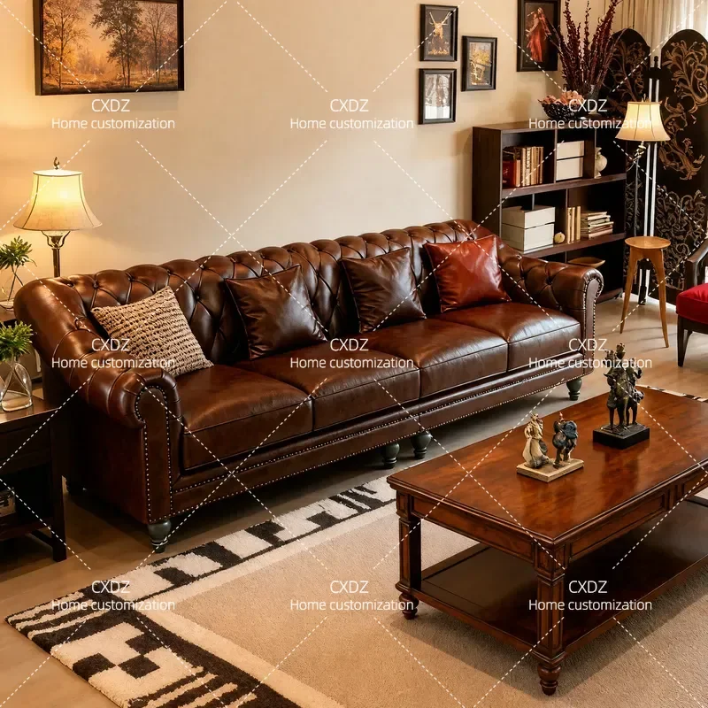 American Retro Leather Sofa Straight Row Art Buckle Design Living Room Furniture for Small Apartment Hotel