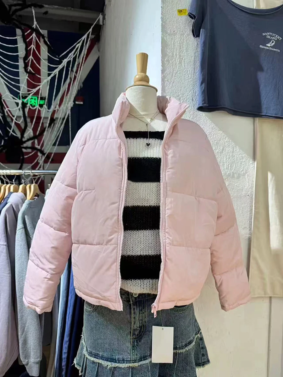 

﻿Sweet Pink Cotton Jacket Woman Winter Long Sleeve Stand Collar Zipper Jackets Coat Vintage Preppy Style Solid Warm Outerwear﻿