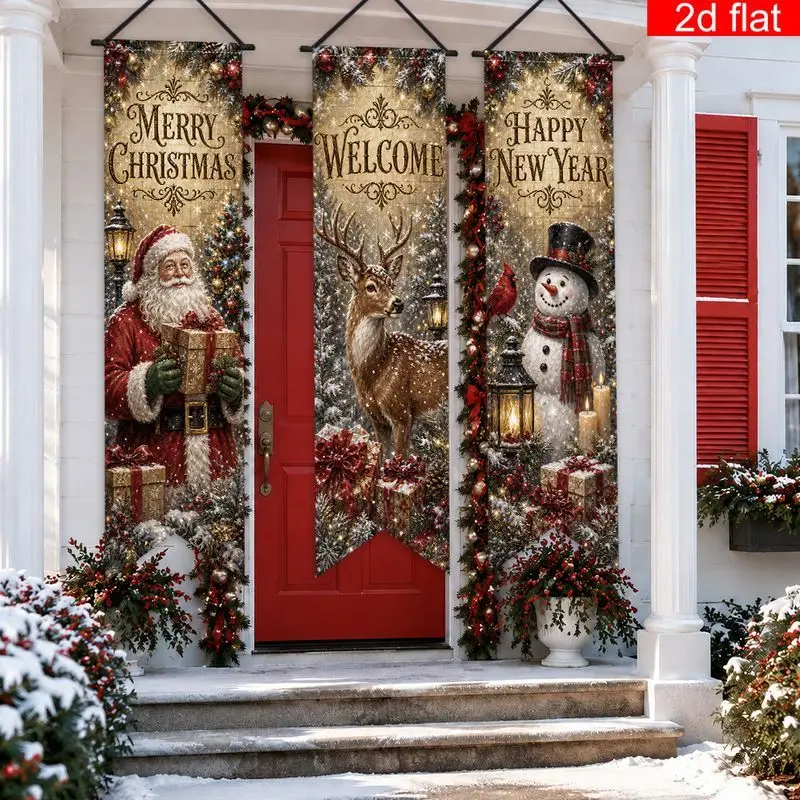 VIKAMA 3 Pcs Christmas Wall Hanging Set Santa Reindeer Snowman Cozy Festive Holiday Wall Art Decor for Living Room Winter