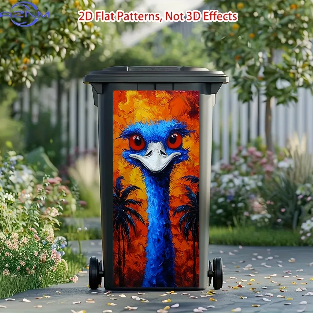 Vibrant Fiery Blue Ostrich Print Wheelie Bin Sticker - Self-Adhesive, Easy Peel & Stick Glossy Finish for Trash Can, Fridge, a
