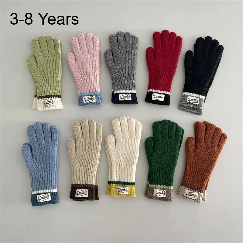 

Kids Winter Warm Windproof Cold Proof 3-8 Years Gloves New Touchscreen Five Finger Knitting Retro Korean Style Color Mix