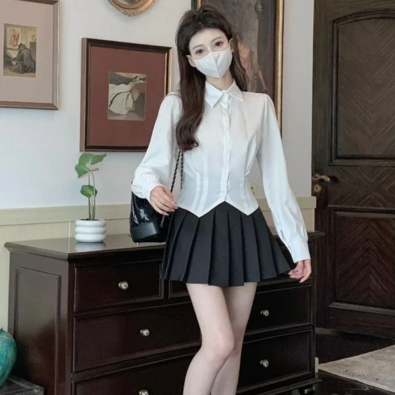 

Crop Shirts Women Long Sleeve Slim Chic Hotsweet Preppy Simply Girlish Streetwear Spring Kpop Trendy All-match Hemden Teens Ins