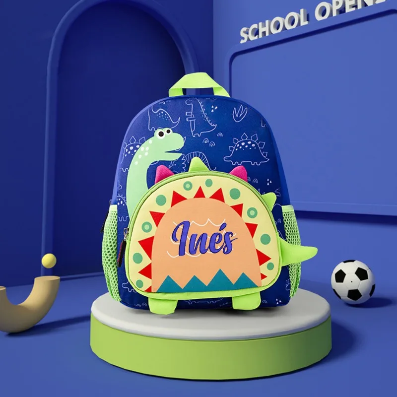 Mochila escolar con nombre personalizado para niños, impermeable, azul, verde, dinosaurio 3D, cierre de cremallera