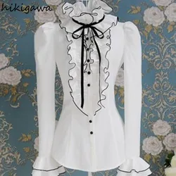 Temperament Women Shirt Stand Neck Long Sleeve Tunic Blouses 2024 Blusas Mujer De Moda Chic Ruffles Bow White Blouse Tops 7n212