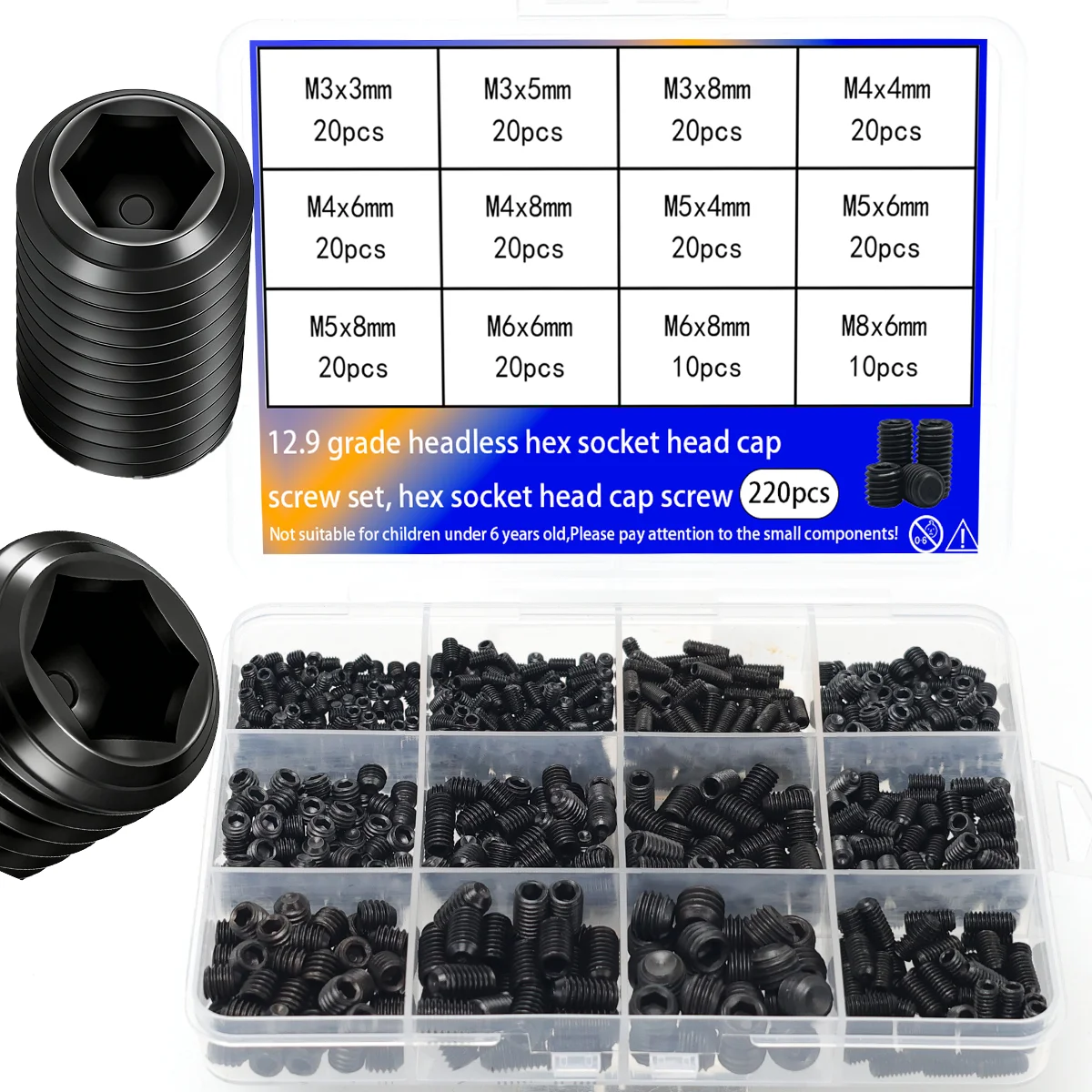 220PCS 2.9 Grade Headless Hex Socket Set Screws - M3-M8 Metric Hex Socket Set Screws, Suitable for Door Handles and DIY Repairs.