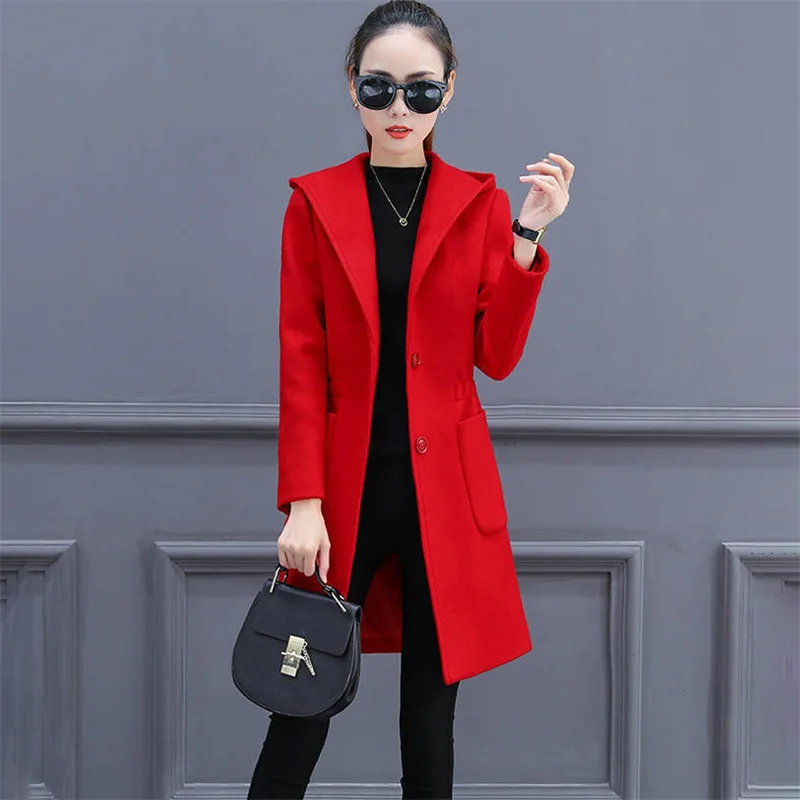 Spring Autumn Mid-Long Woolen Windbreaker 2024 New  Hooded Women's Clothes Trench Coat Solid Colour Fashion Outeawer Female