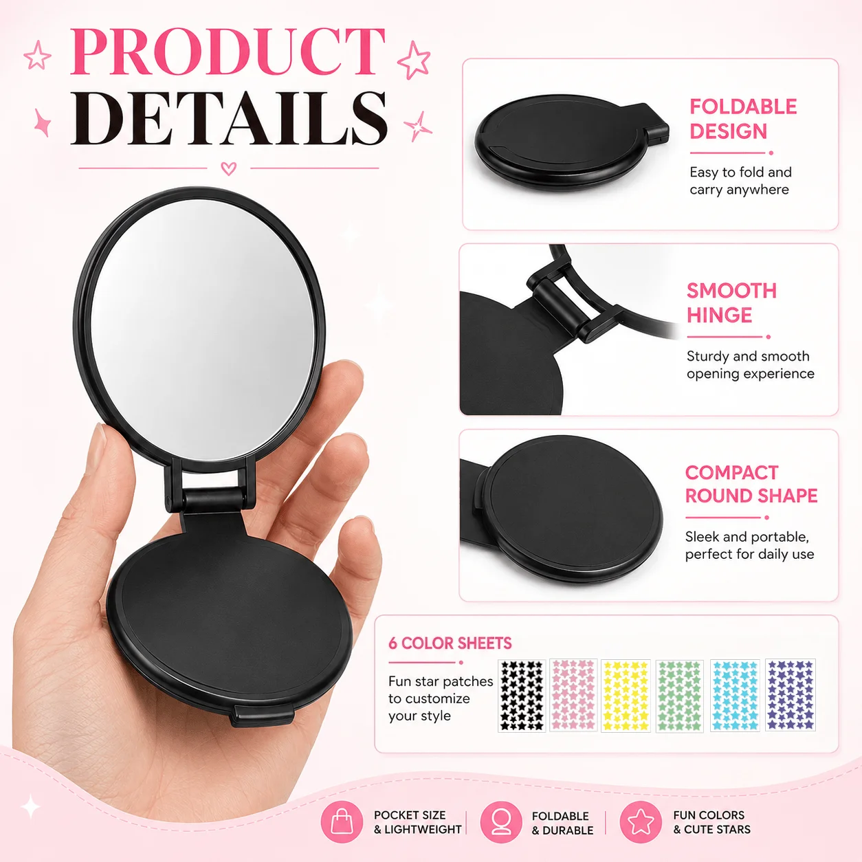 6-Color Star Patch Sheets with Foldable Compact Mirror, Pocket-Size Portable Beauty Set for Travel, Purse and Daily Touch-Ups view 3