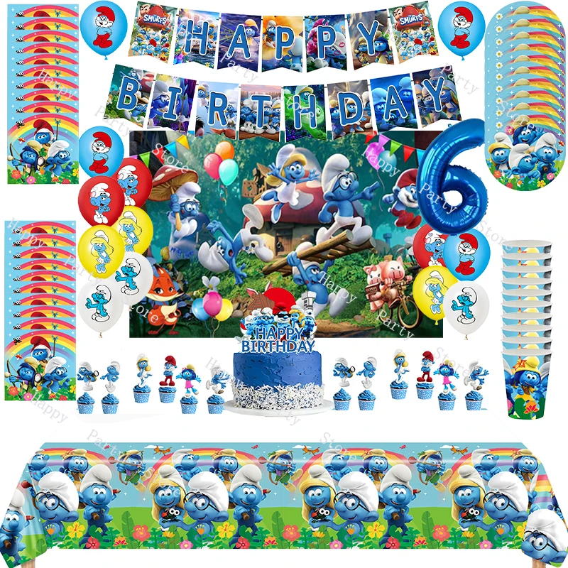 The Smurfs Birthday Party Decoration According Options Balloon Banner Backdrop Cake Topper Smurfs Party Supplies Baby Shower