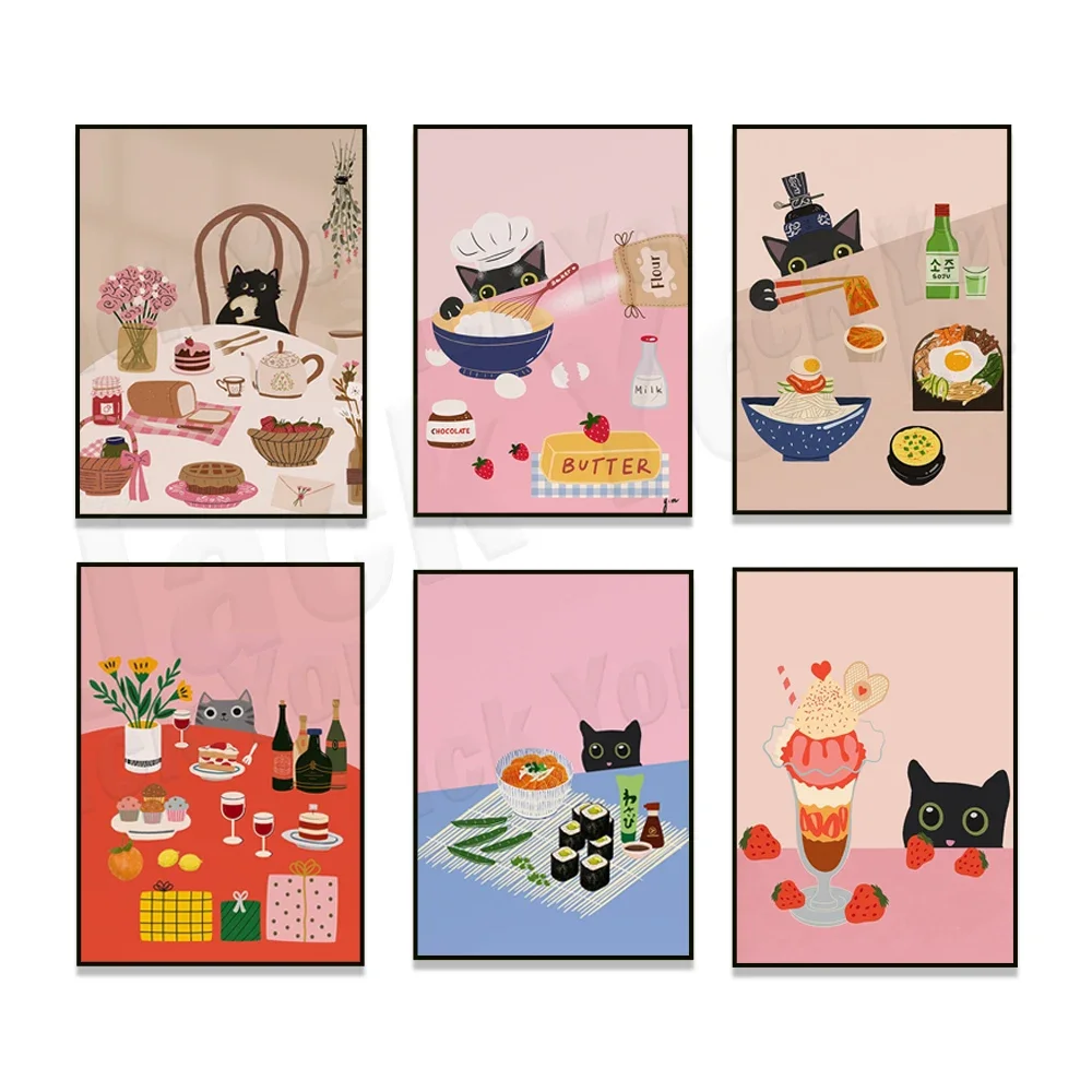 

Toast gray tabby cat, sushi black cat, cat cupcake, wine cat illustration, cocktail cat, black cat eating noodles kitchen poster