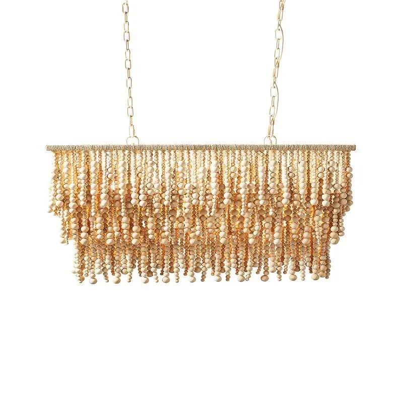 Bohemian Wood Bead Chandelier French Style Fringe Pendant Light for Living Room Dining Bedroom Outdoor Wedding Decor