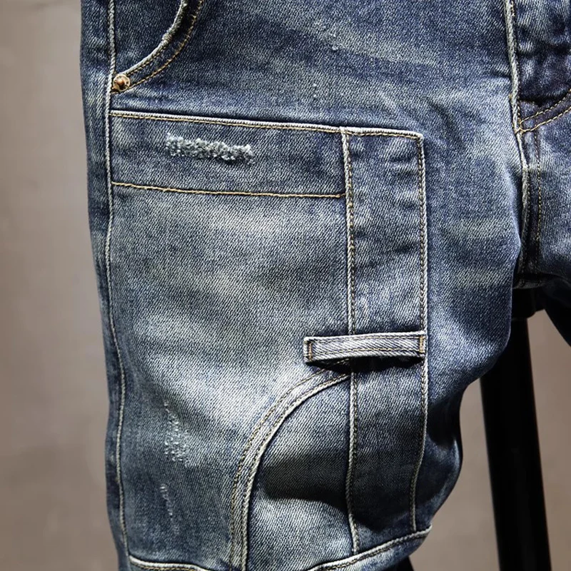 Street Designer Fashion Men Jeans Retro Blue Spliced Slim Fit Stretch Ripped Jeans Men Y2K Patched Hip Hop Vintage Denim Pants