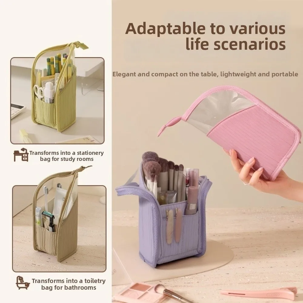 Large Capacity Vertical Cosmetic Bag Waterproof Portable Makeup Brush Case Visible Standing Travel Storage Pouch Women