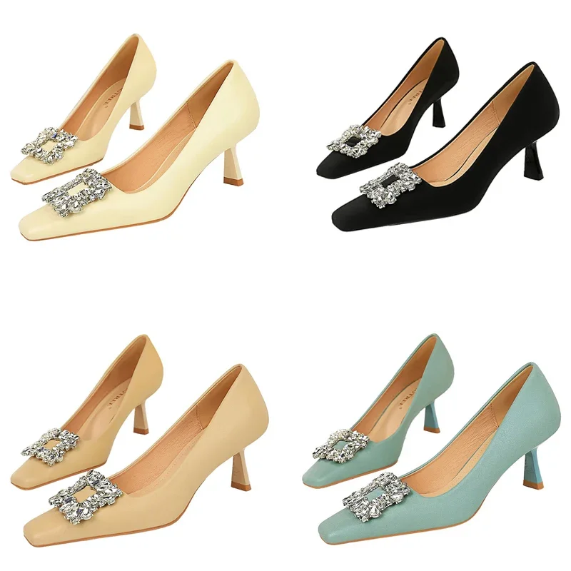 Women 6cm High Heels Luxury Rhinestone Buckle Pumps Lady Gentle Square Toe Holiday Prom Low Heels Catwalk Designer Replica Shoes