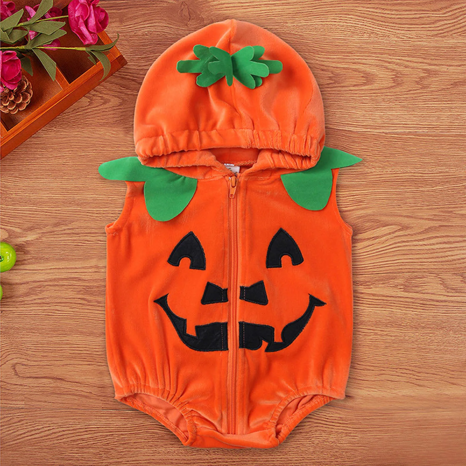 

Baby Boys And Girls Romper Sleeveless Comfortable Halloween Pumpkin Adorable Hooded Jumpsuit Infant Toddler Crawling Clothes
