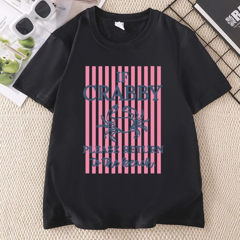 If Crabby Please Return To The Beach T Shirts Striped Short Sleeve Cotton Beach Vacation T-Shirt Design Funny Crab Graphic Tees