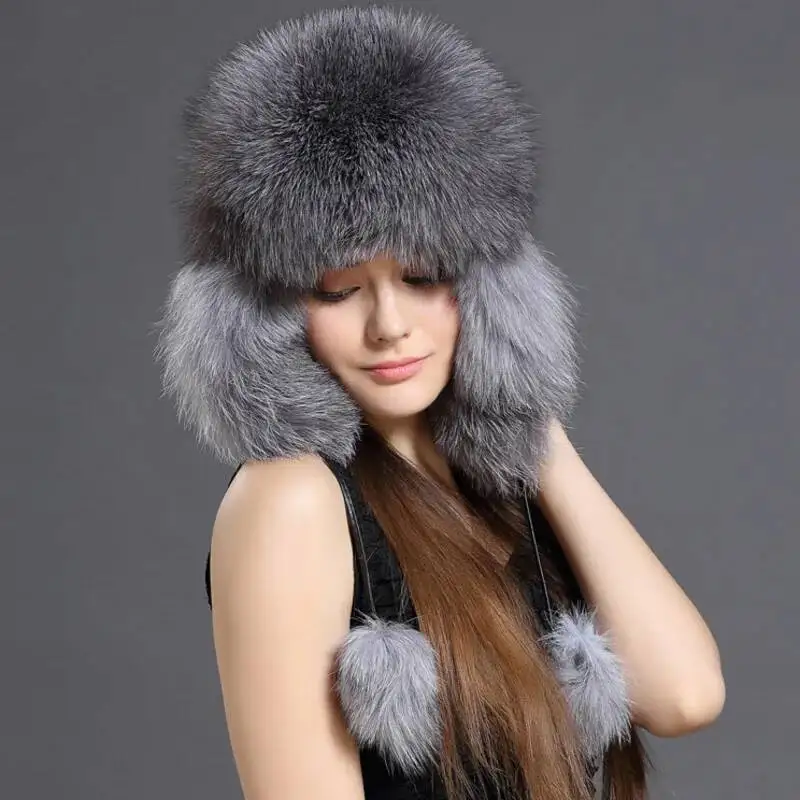 Fox Fur Hat Women Winter Lei Feng Hat Outdoor Ski  Earflap Caps Natural Fur Hat Female Warm Fashion Caps Ladies Thick Warm Cap