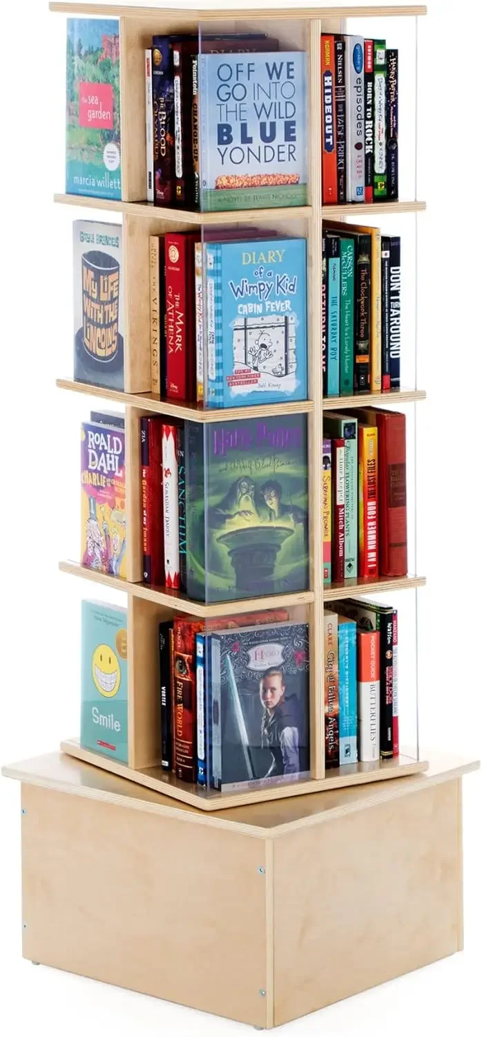 Floor Standing Rotating Book Display: Spinning Bookshelf Tower for Classroom, Kids Playroom, Library | Revolving Bookcase w/Acry