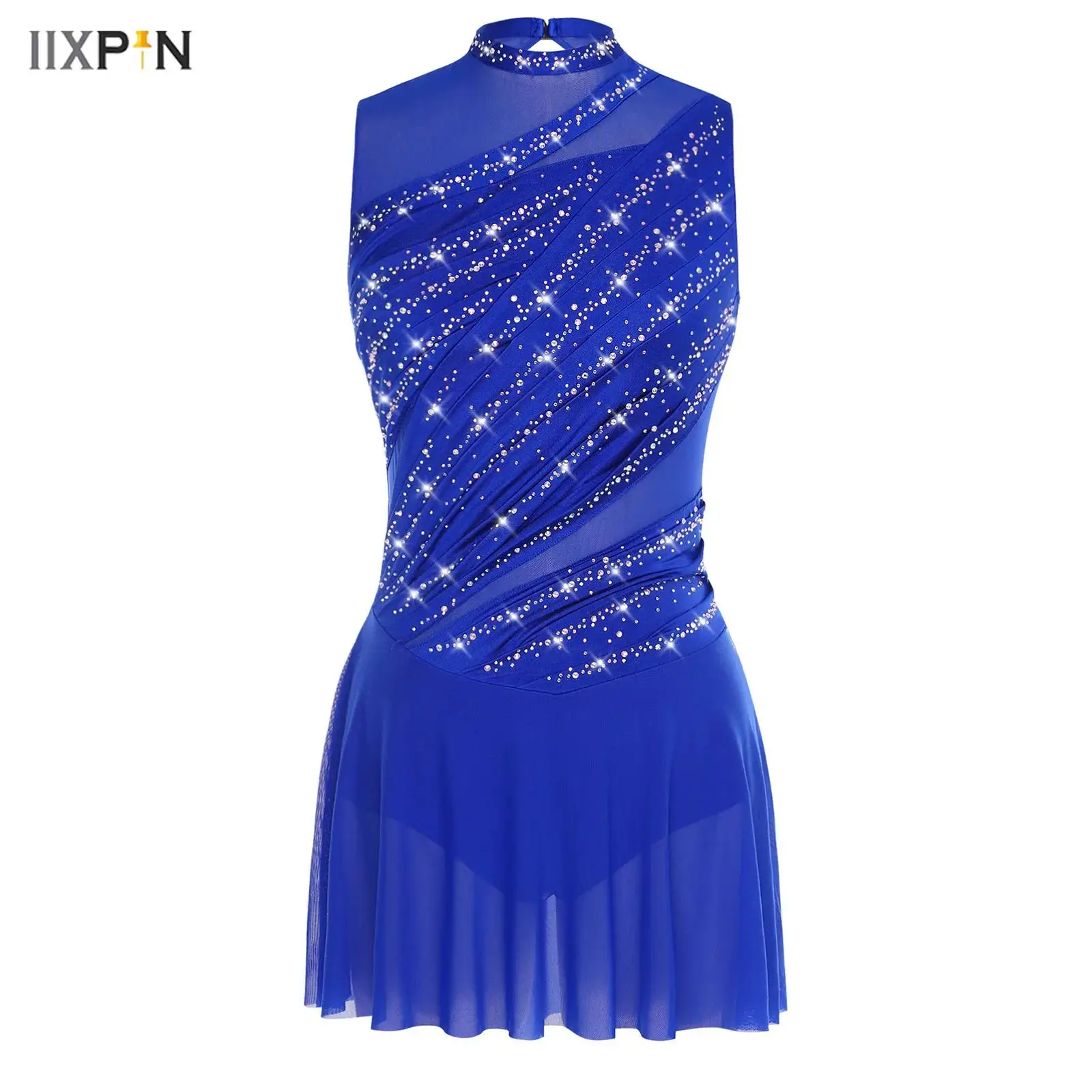 

Womens Ruched Ballet Lyrical Dancing Dress Round Collar Sleeveless Rhinestone Backless Dress for Stage Performance Competition