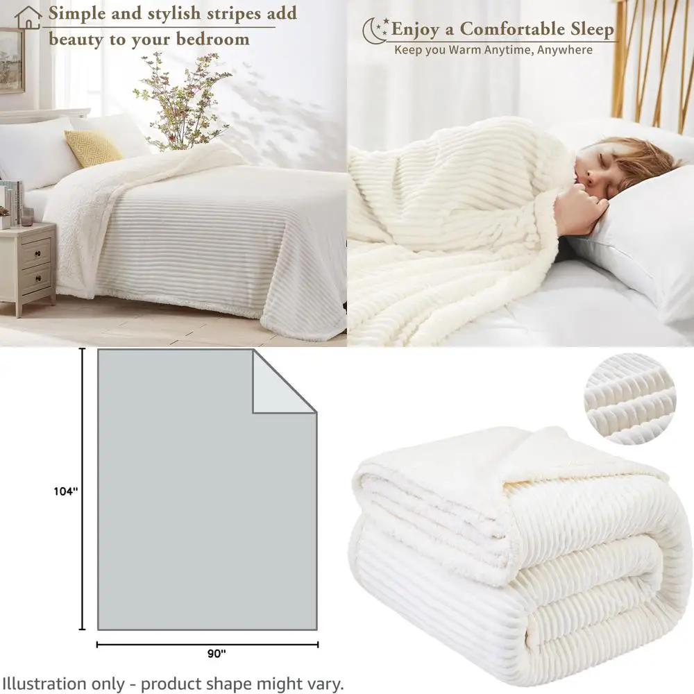 

Полосатое флисовое одеяло из шерпа King Size, ультрамягкое плюшевое уютное пушистое бархатное двустороннее роскошное одеяло из микрофибры (90x104), цвета слоновой кости
