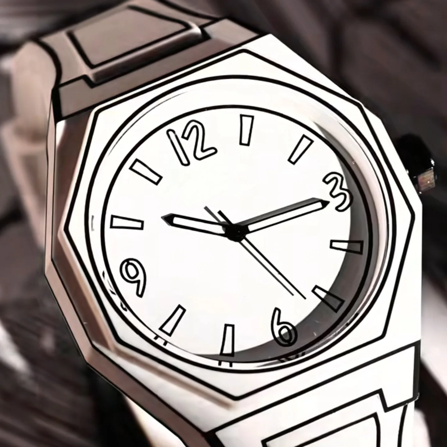 Octagonal Minimalist Quartz Wrist Watch, Black Case White Line Outline Analog Watch, Silicone Strap Casual Daily Watch For Men Women