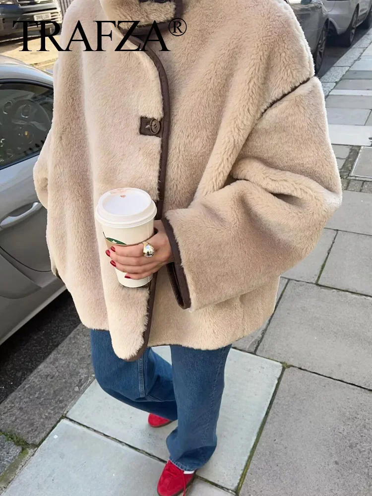 TRAFZA 2024 Winter Female Beige Casual Thick Faux Fur Coat Fashion Woman With Buttons Long Sleeve Fleece Jacket Outerwear