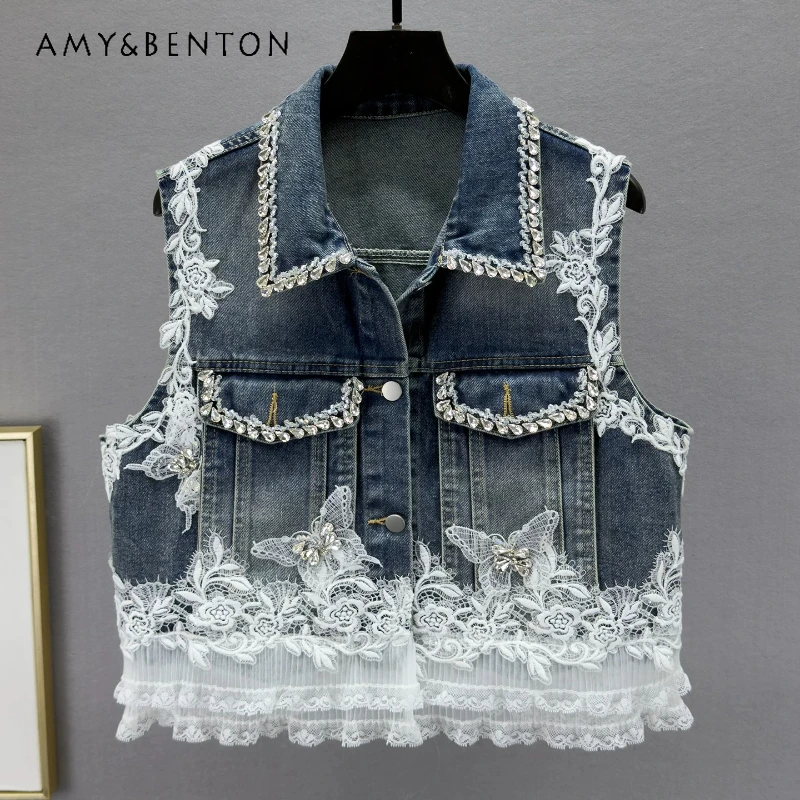 

Spring 2026 New Slimming Embroidered Splicing Sleeveless Female Vests Heavy Industry Diamond-encrusted Denim Waistcoat Ladiies
