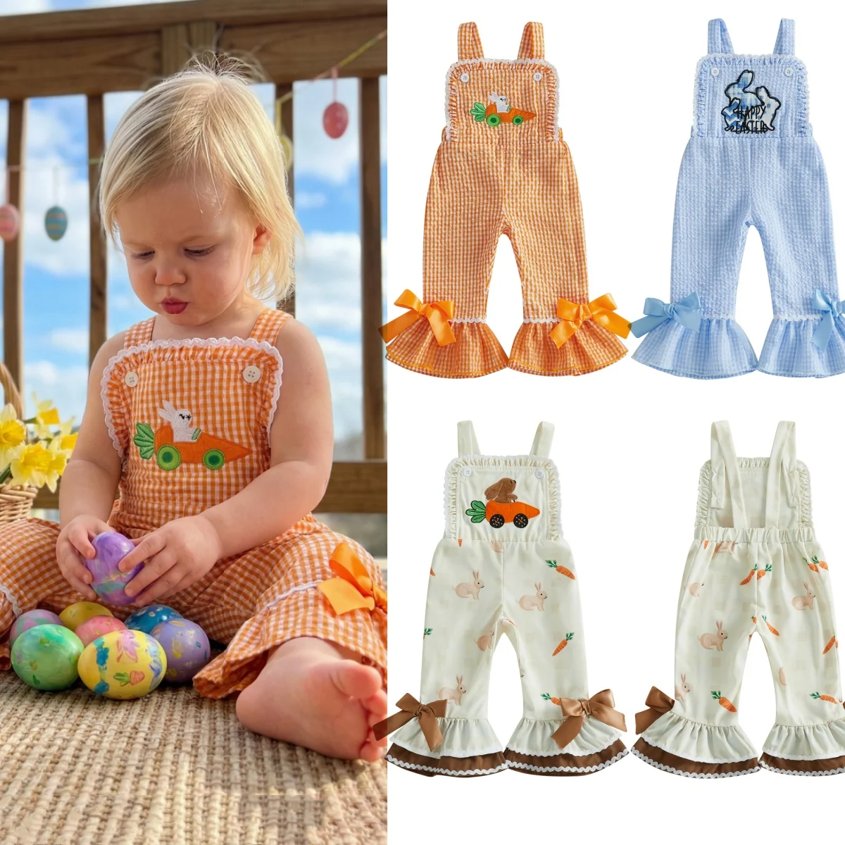 1-5Y Toddler Littler Girl Easter Overalls Bunny Sleeveless Flare Pants Jumpsuit Adorable Holiday Romper Summer Toddler Jumpsuits