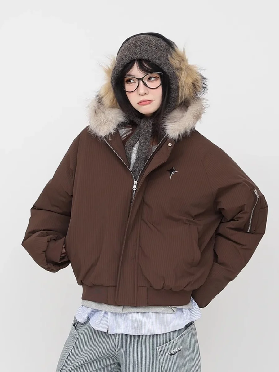 

Trendy Thickened Short Cotton Jacket Women's Workwear Hooded Coat Fur Collar Street Style Loose Fit Metal Zipper Poly Fiber
