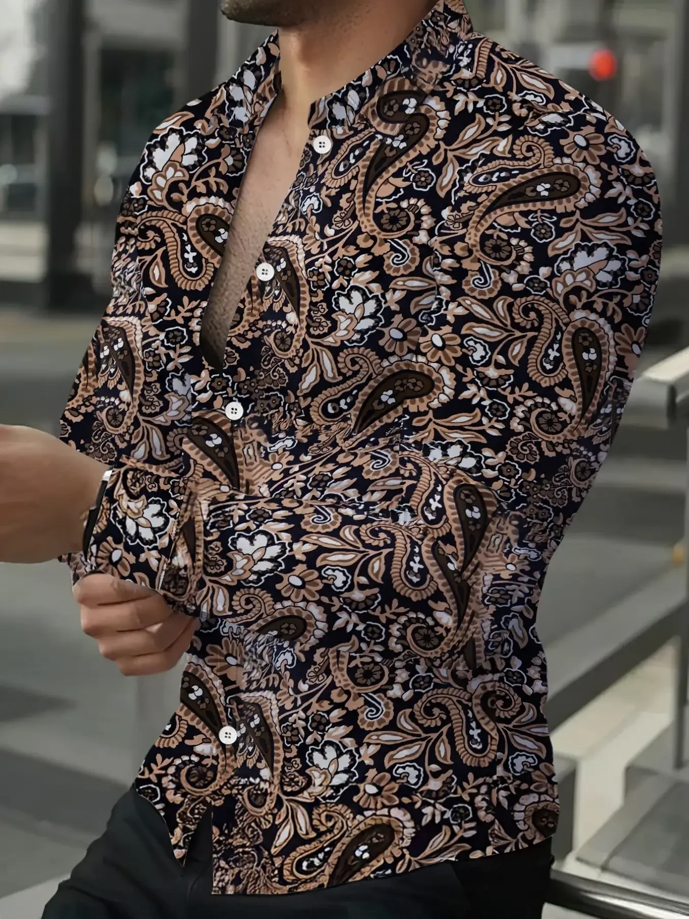 

Colorful Paisley floral men's shirt: Paisley patterns and floral designs outlined in rich colors,