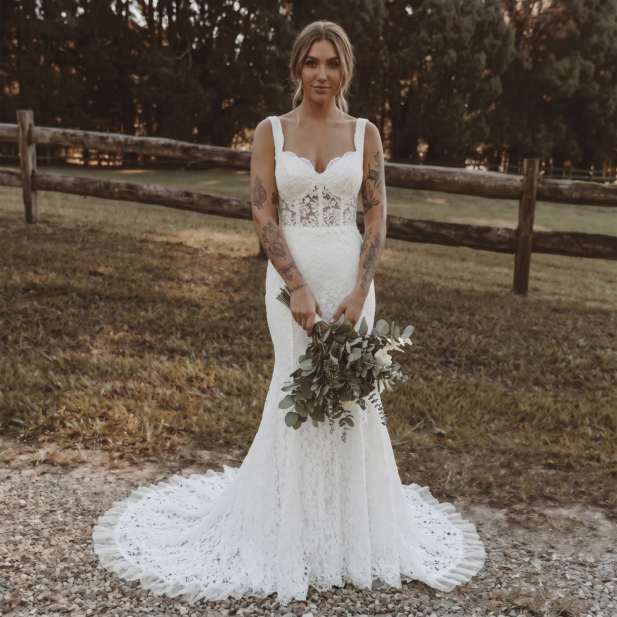 Wide Strap Sweetheart Lace Mermaid Wedding Dress Sheer Low Back Ruffle Hem Chapel Train Rustic Bridal Gown