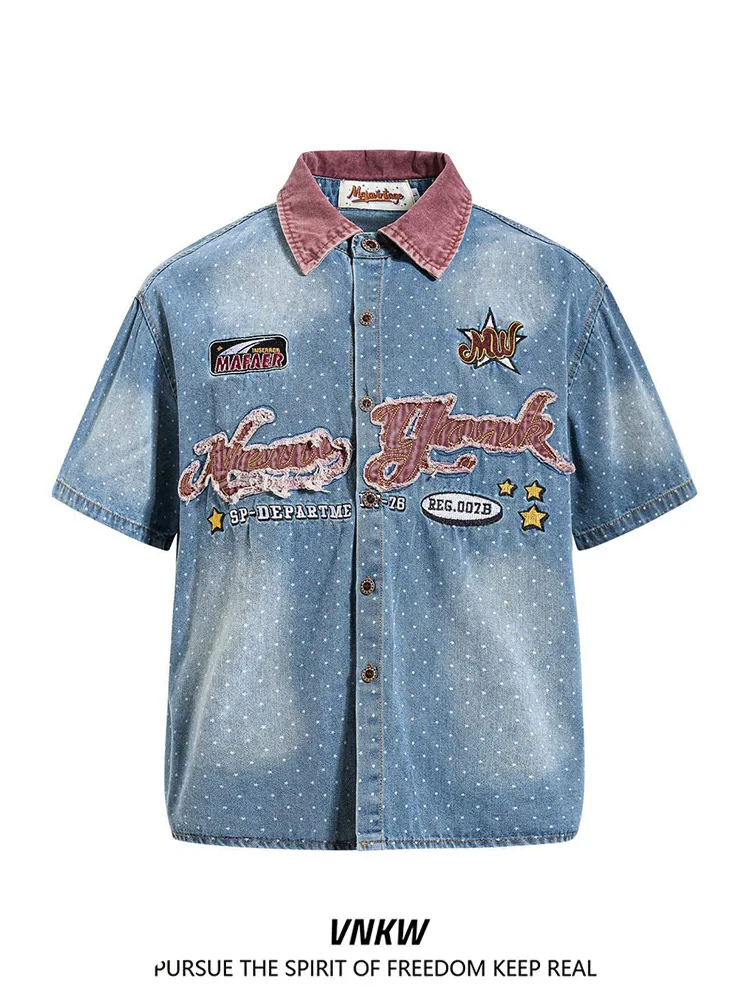 

American Vintage Embroidered Denim irt Loose ort Sve Patchwork Collar Men Women Spring Summer Faionable Casual irt