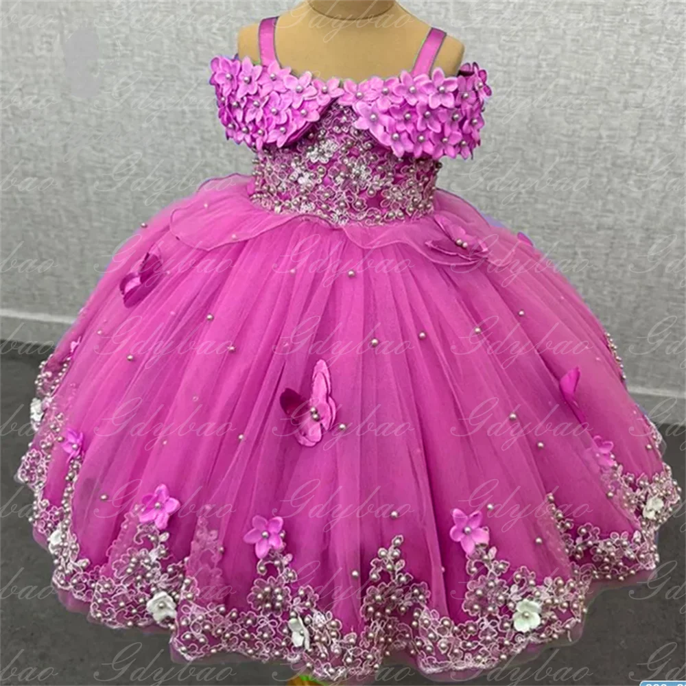 Royal Blue Puffy Flower Girl Dress For Wedding Tulle With Pearls Applique O-neck Princess Dresses Kids Party Birthday Ball Gown