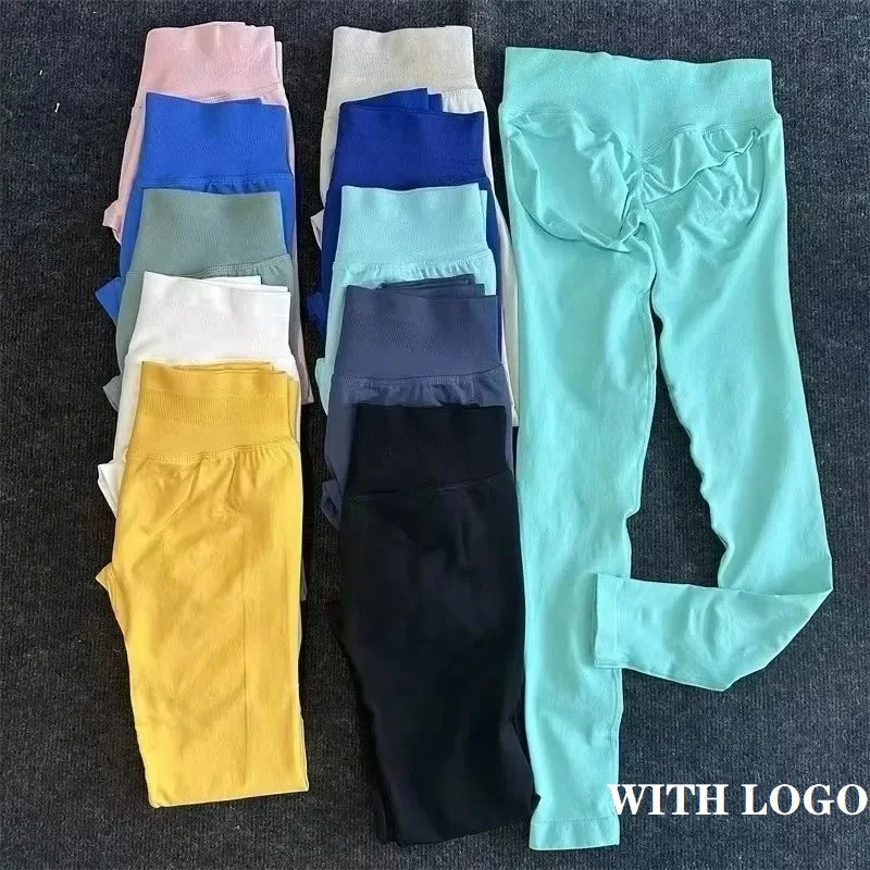 Leggings con Logo Scrunch, mallas de Yoga sin costuras para mujer, pantalones deportivos para gimnasio, banda baja acanalada, mallas deportivas de estiramiento alto