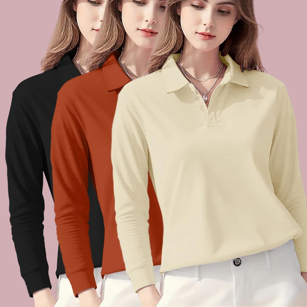 

Autumn Solid Color Polo Shirts Women Fleece Golf Lapel Tee Shirt All-Match Casual Long Sleeve Harajuku Business Clothing