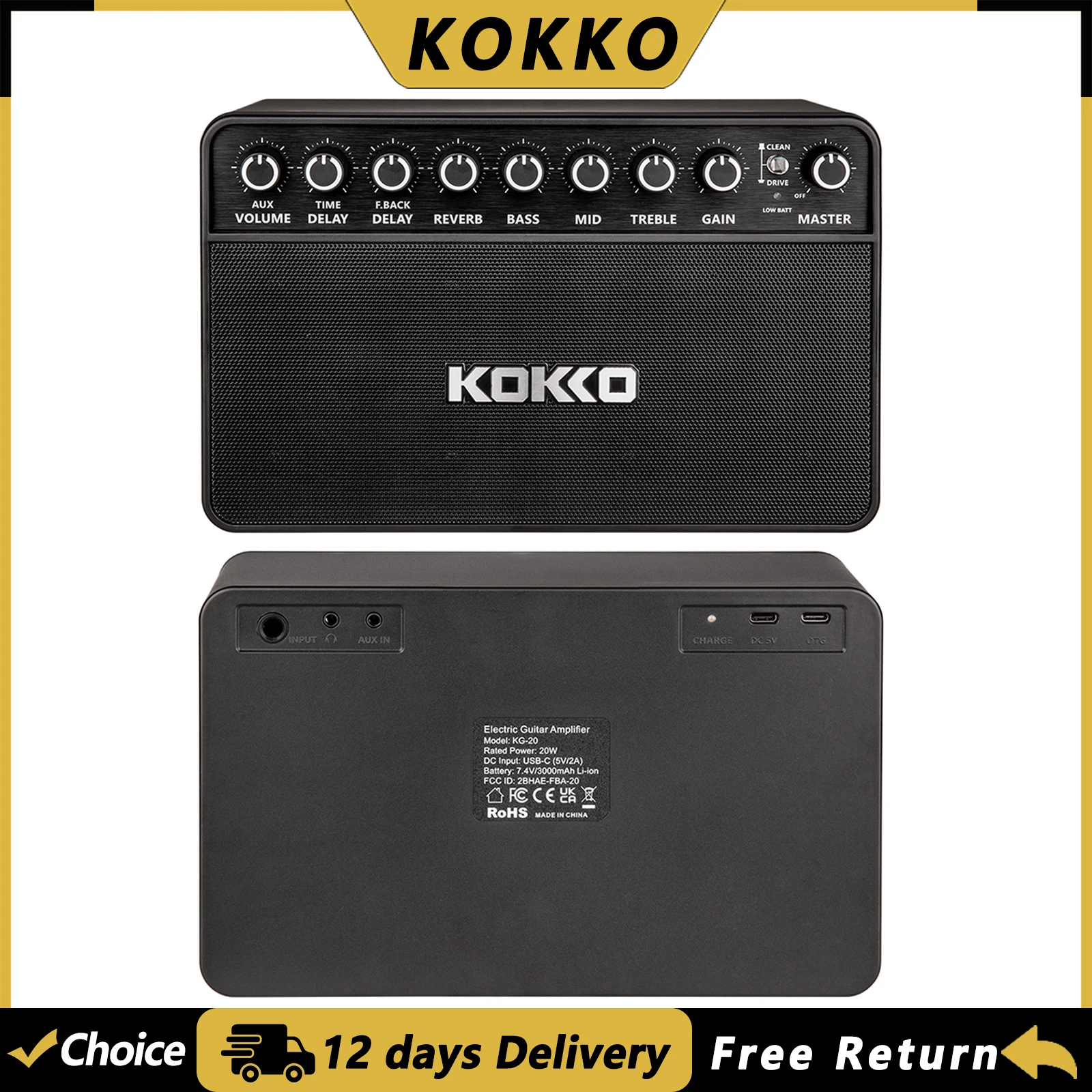 KOKKO KG-20 20W Guitar Speaker Rechargeable Mini Guitar Amplifier Support AUX Input Accompaniment OTG Recording Headphone Output