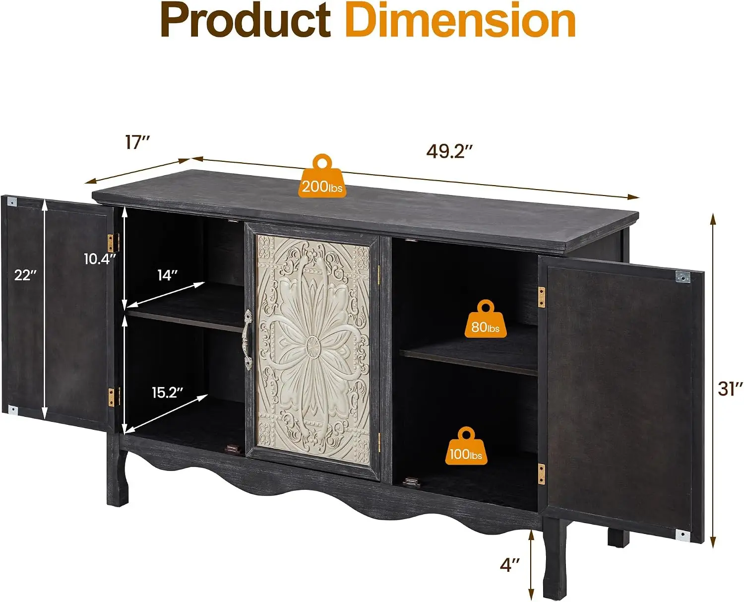 Vintage Solid Wood Sideboard Buffet Cabinet, Farmhouse Coffee Bar Wine Storage Credenza, Three Door Dining Room Console Cupboard, Retro Black Accent Display Organizer For Living Room Hallway