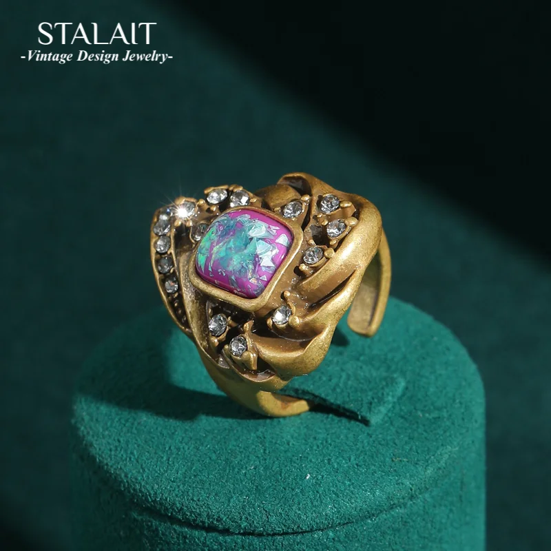 

Vintage Purple Opal Ring Real Flame Rhinestone Irregular Antique Gold Color Luxury Quality Jewelry Beach Summer Designers 2025