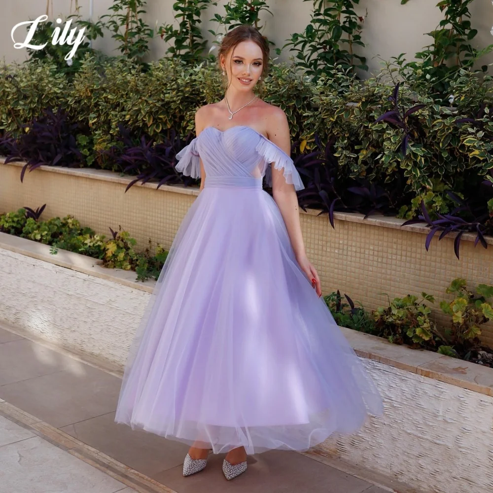 

Lily Purple Lavender Prom Dress Sweetheart Off the Shoulder Prom Gown Pleated Tulle A-Line Wedding Party Dress 프롬 드레스 Customized