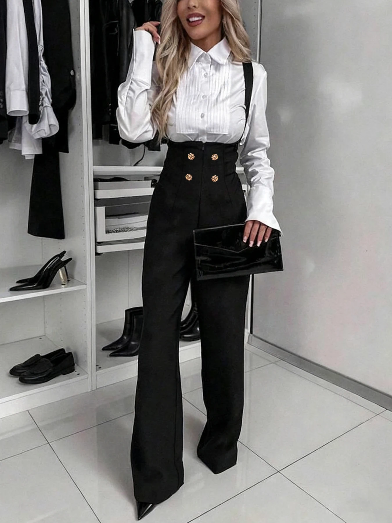 Celana Jumpsuit Wanita Musim Gugur Musim Dingin Model Suspender Kaki Lebar Warna Emas Kancing Dua Baris Retro Slim Fit Santai Sehari-hari Fashionable