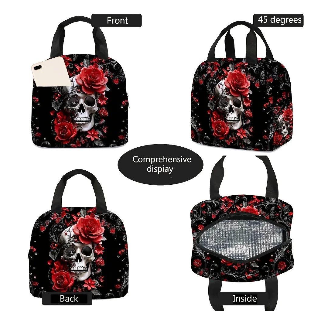Skull Print Lunch Bag a Women'S Portable Storage Bag for Keeping Fresh While Out Trendy Insulated Bag Not for Contact