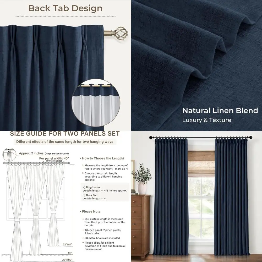 

Navy Blue Linen Blend 100% Blackout Curtains, 40x102, 20 Hooks, Ideal for Rooms (2 Pack)