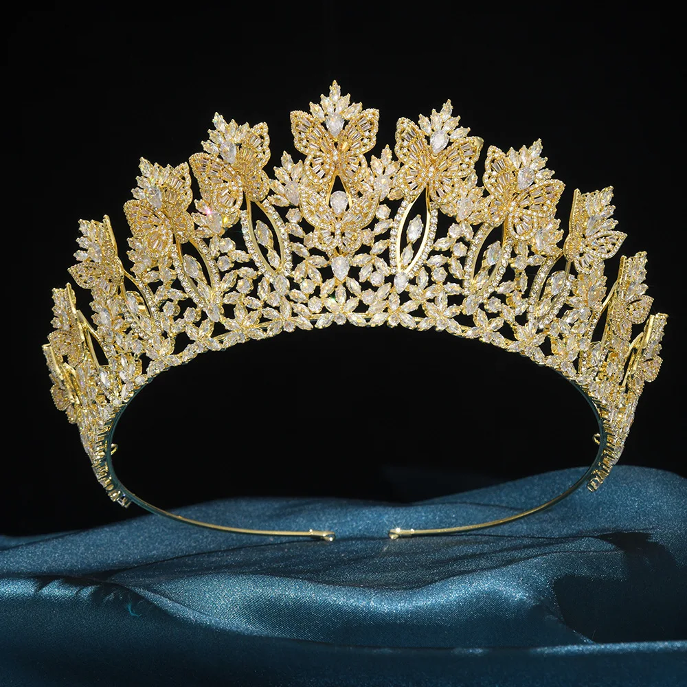 Butterfly Design Gold Zircon Queen Tiara, Lightweight Comfortable Bridal Crown, Sparkling Butterfly Headpiece Crown