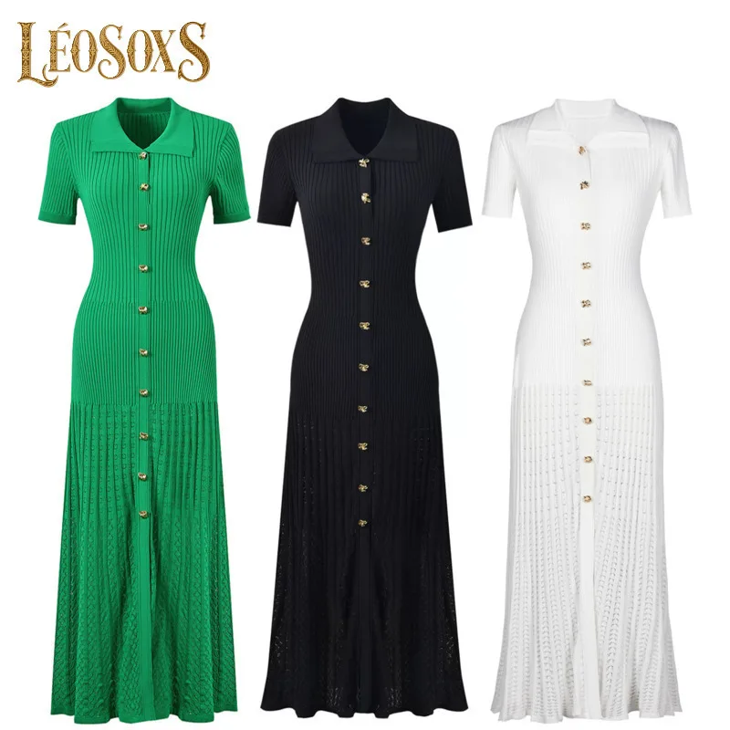 

LEOSOXS Solid Single-breasted Long Dresses Summer Short Sleeve Knitted Dress Green Slim Long Gowns 2025 Fashion Women's Clothing